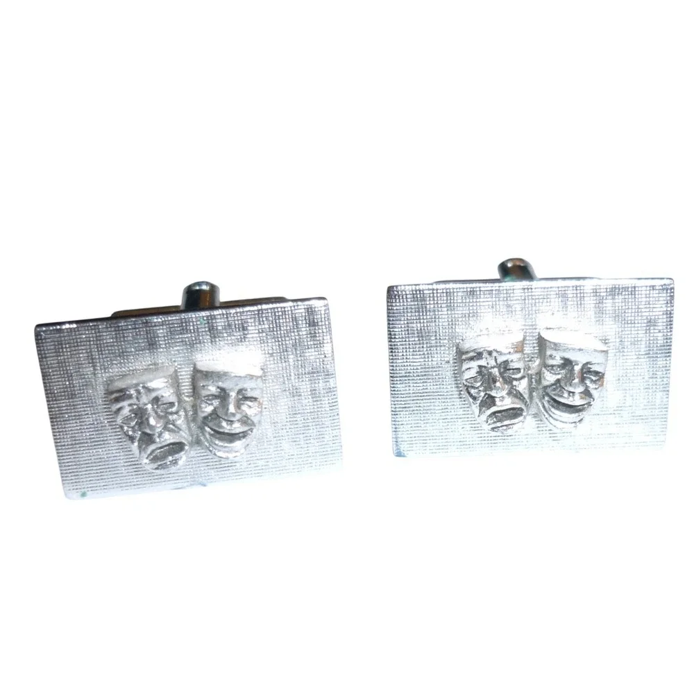 Vintage Mid Century Silver Tone‎ Comedy Tragedy Drama Mask Cufflinks Textured
